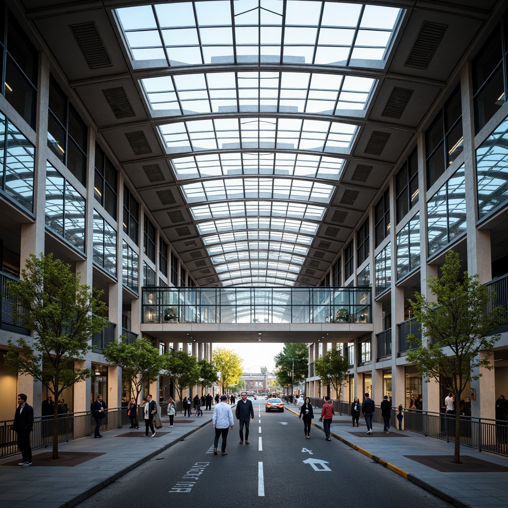 Prompt: Symmetrical bus station, modern architecture, curved lines, glass roofs, steel frames, geometric patterns, central courtyard, pedestrian walkways, urban landscape, busy streets, morning rush hour, soft natural light, shallow depth of field, 1/2 composition, realistic textures, ambient occlusion.