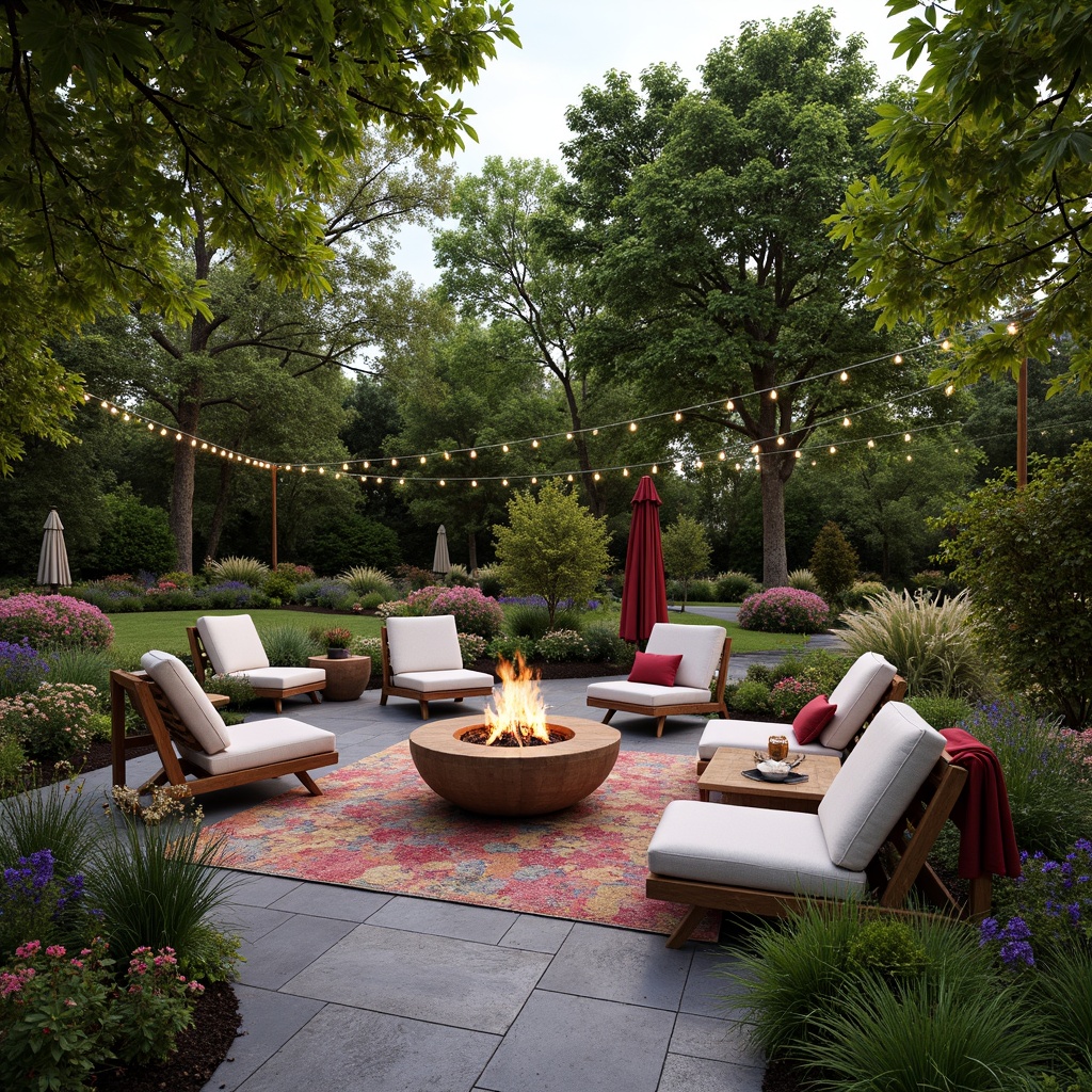 Prompt: Vibrant garden patio, lush greenery, blooming flowers, wooden benches, stone pathways, natural water features, warm string lighting, cozy fire pit, comfortable outdoor furniture, colorful throw pillows, plush area rugs, rustic wood accents, earthy tone color palette, serene atmosphere, shallow depth of field, 1/2 composition, realistic textures, ambient occlusion.