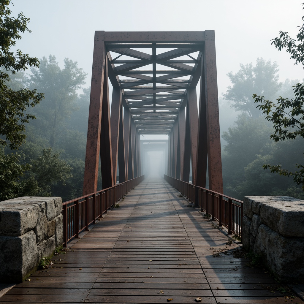 Prompt: Rustic steel bridge, weathered concrete piers, worn wooden planks, industrial metal railings, rough stone abutments, misty morning atmosphere, soft natural lighting, shallow depth of field, 1/2 composition, realistic rust textures, ambient occlusion, dramatic shadows, cinematic mood.