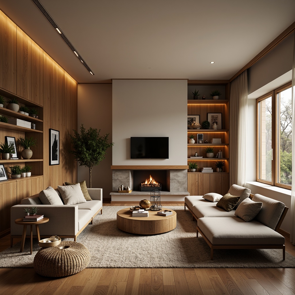 Prompt: Cozy living room, comfortable seating, warm lighting, wooden accents, plush carpets, minimalist decor, calming colors, natural textures, functional shelving, inviting fireplace, soft music, relaxed ambiance, 3/4 composition, shallow depth of field, panoramic view, realistic renderings, ambient occlusion.