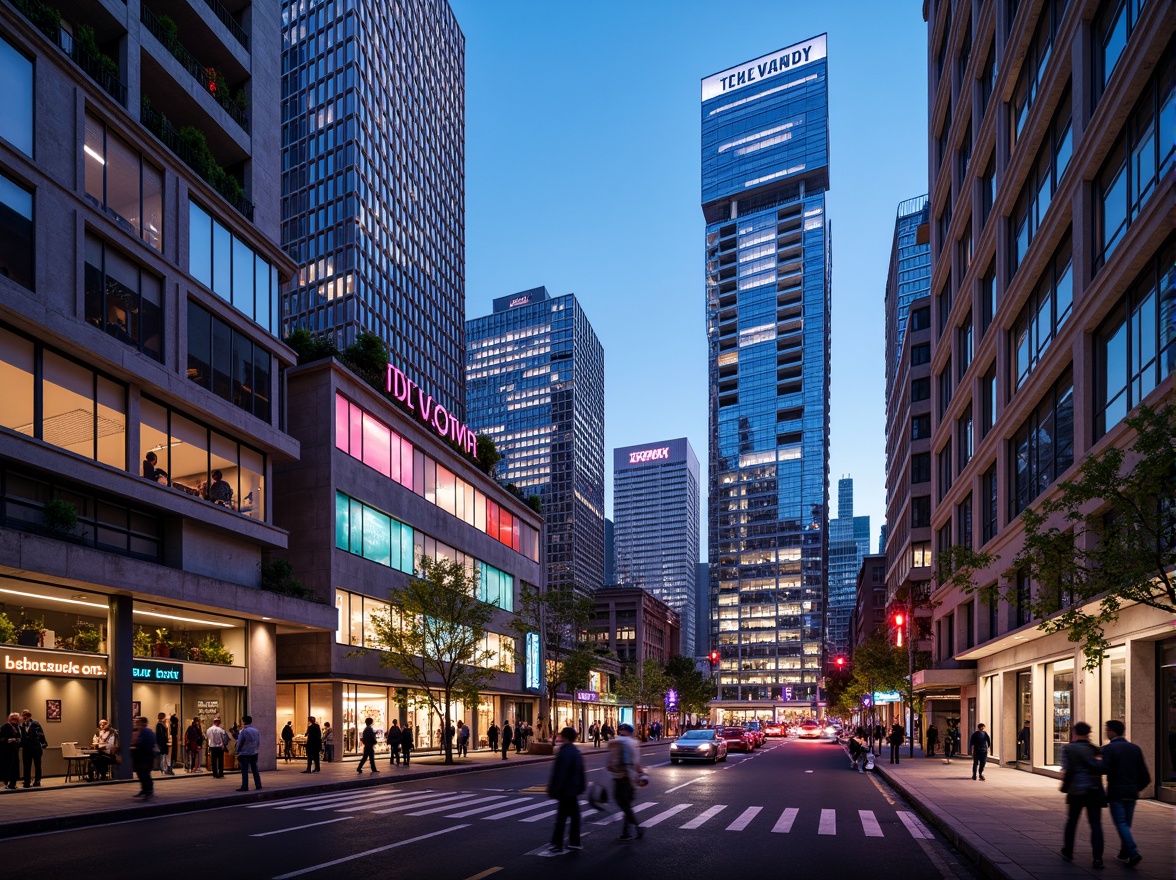 Prompt: Vibrant cityscape, futuristic skyscrapers, neon lights, bold color contrasts, dynamic urban atmosphere, sleek metallic surfaces, reflective glass facades, modern architectural styles, innovative materials, green roofs, eco-friendly designs, energy-efficient systems, ambient lighting, shallow depth of field, 3/4 composition, panoramic views, realistic textures, soft warm illumination.