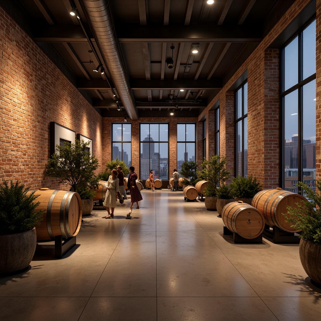 Prompt: Industrial chic winery, exposed brick walls, reclaimed wood accents, polished concrete floors, metallic fermentation tanks, rustic wooden barrels, warm ambient lighting, rich earthy tones, deep plum hues, soft sage greens, creamy whites, weathered copper details, modern minimalist decor, urban skyline views, cityscape backdrop, dramatic nighttime illumination, shallow depth of field, 1/1 composition, realistic textures, subtle atmospheric effects.