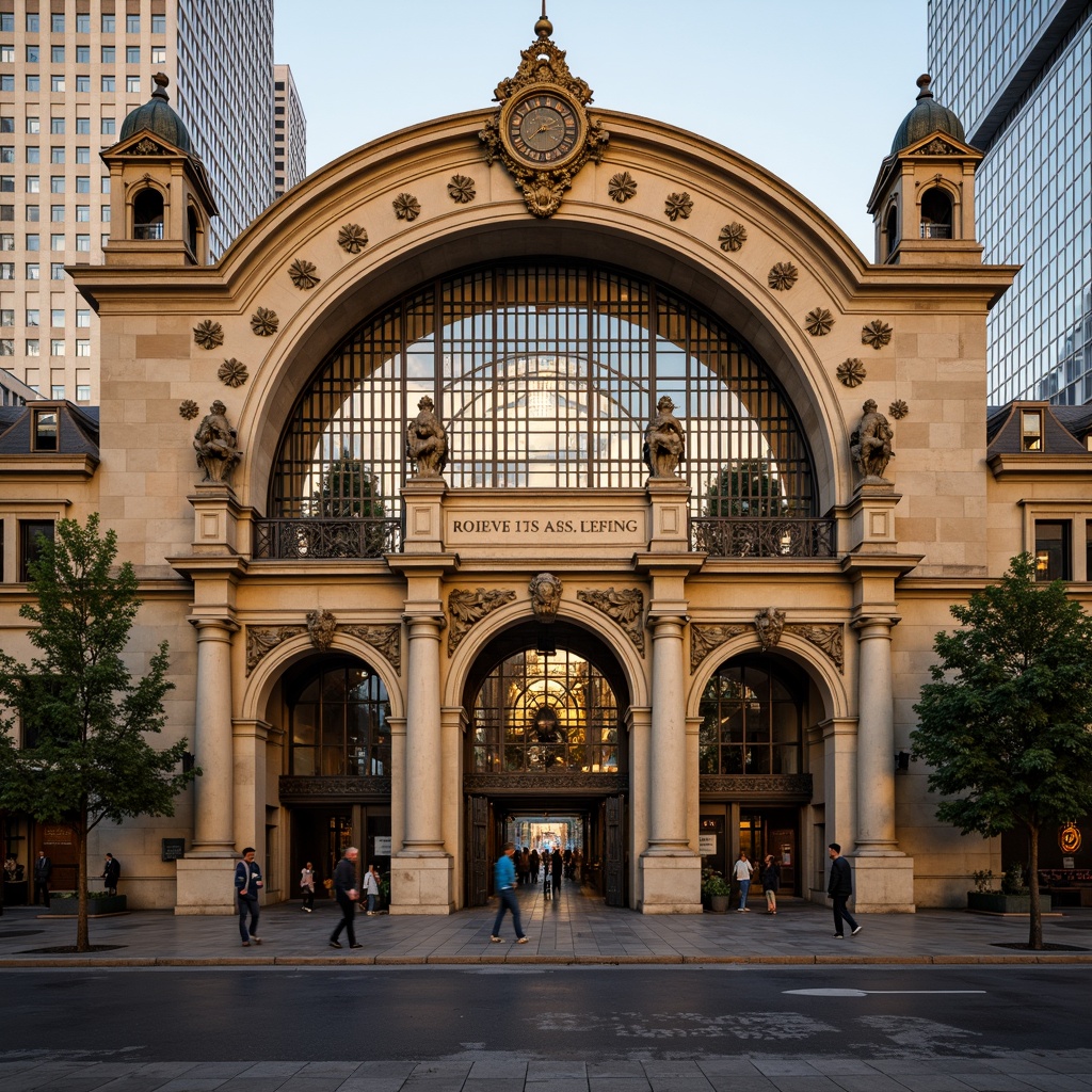 Prompt: Grand metro station, ornate Renaissance facade, intricately carved stone columns, grandiose arches, majestic entranceways, elegant clock towers, vibrant bronze details, decorative ironwork, stained glass windows, warm golden lighting, shallow depth of field, 1/2 composition, symmetrical architecture, historic preservation, urban cityscape, morning commute, soft focus blur, realistic textures, ambient occlusion.