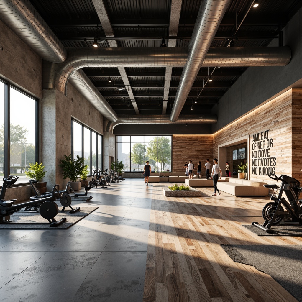 Prompt: Modern fitness club interior, high ceilings, exposed ductwork, polished concrete floors, industrial chic aesthetic, natural stone accents, reclaimed wood walls, floor-to-ceiling windows, abundant daylight, soft warm lighting, 1/1 composition, shallow depth of field, panoramic view, realistic textures, ambient occlusion, motivational quotes, sleek exercise equipment, mirrored walls, free weights, yoga mats, cardio machines, spinning bikes, strength training areas, group fitness rooms, relaxation lounges, juice bars, healthy snacks.