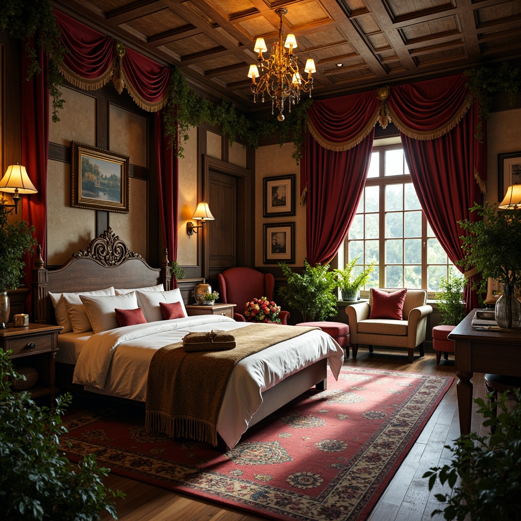 Prompt: Cozy dormitory, lavish furnishings, ornate wooden paneling, rich velvet drapes, intricate carvings, grand chandeliers, soft warm lighting, plush carpets, romantic-era inspired decor, distressed finishes, vintage accessories, rustic stone walls, ivy-covered trellises, mystical forest surroundings, whimsical garden views, dreamy watercolor-inspired hues, 1/2 composition, shallow depth of field, warm golden hour light.