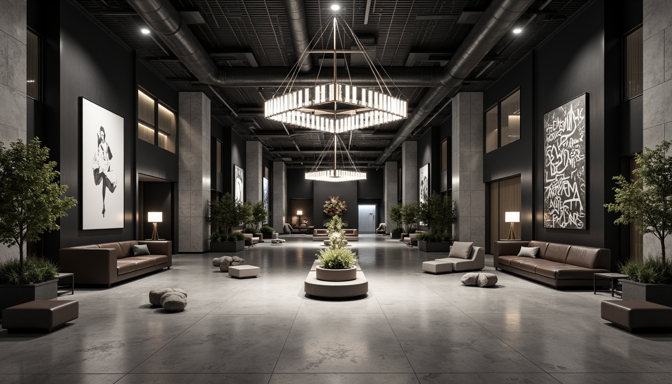 Prompt: Geometric hotel lobby, industrial metal columns, exposed ductwork, angular lines, minimalist chandeliers, monochromatic color scheme, bold typography, abstract artwork, sleek leather sofas, polished concrete floors, metallic accents, brutalist architecture, modern urban vibe, dramatic high ceilings, cinematic lighting, 1/1 composition, atmospheric shadows, realistic reflections.