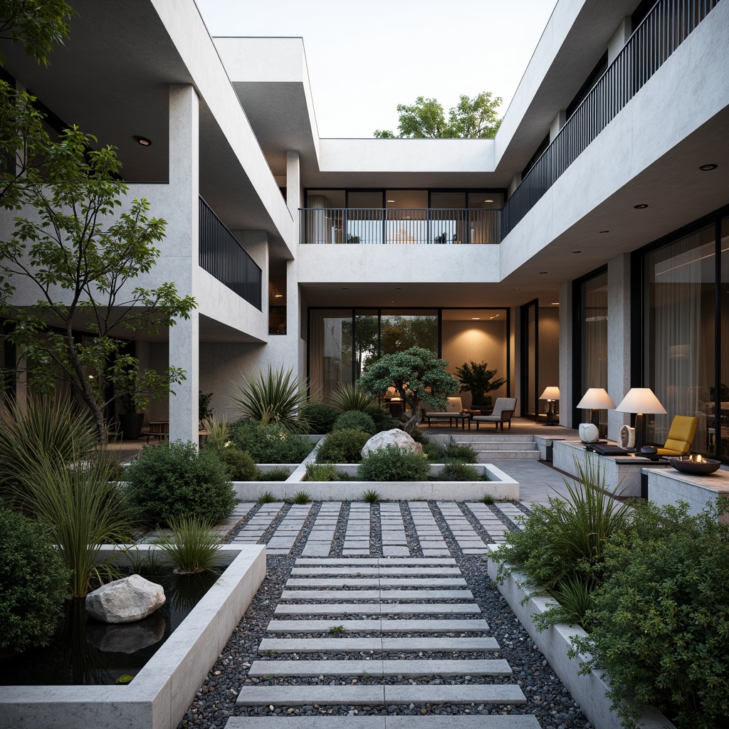 Prompt: Modernist courtyard, clean lines, minimalist planters, succulent gardens, gravel pathways, angular stone walls, sleek metal railings, abstract sculptures, water features, raked gravel, bonsai trees, Japanese maples, ornamental grasses, subtle outdoor lighting, warm evening ambiance, shallow depth of field, 1/1 composition, symmetrical framing, realistic textures, ambient occlusion.