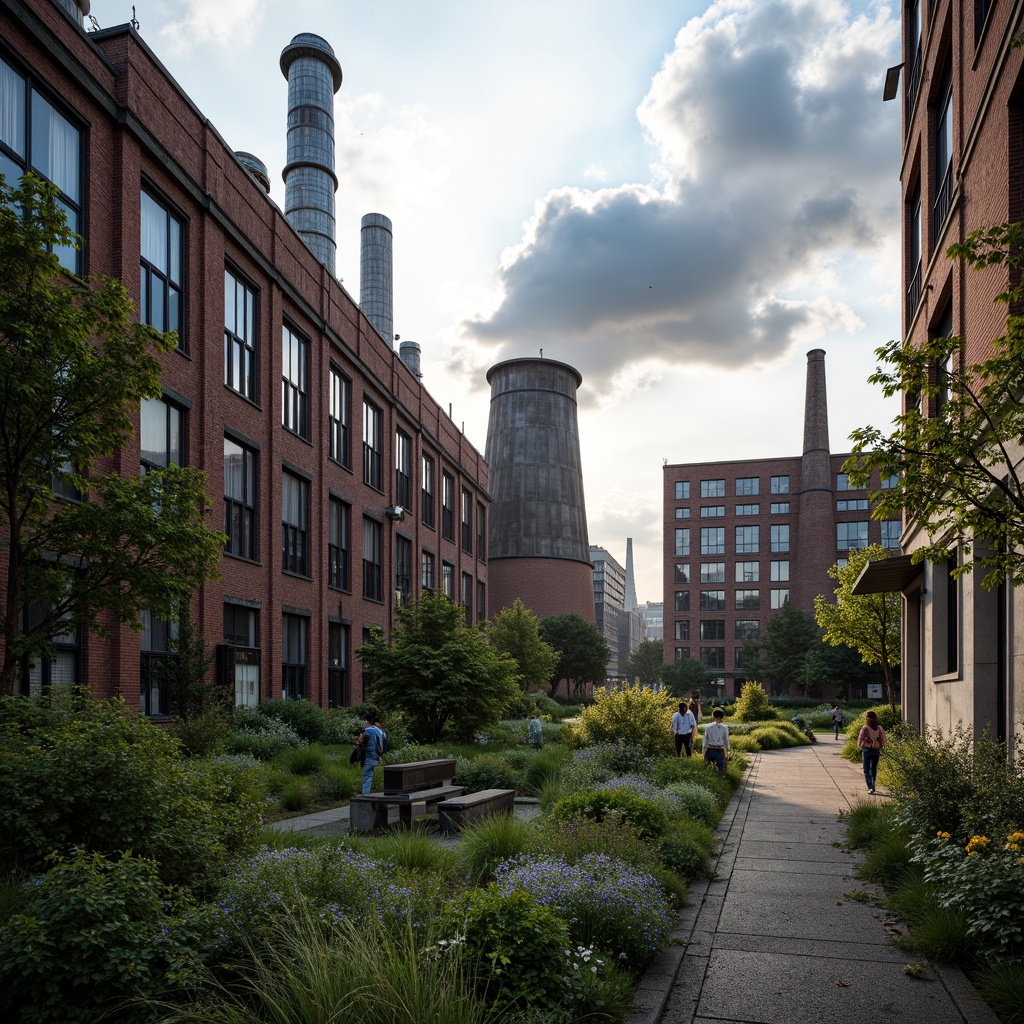 Prompt: Rustic industrial landscape, abandoned factories, overgrown vegetation, worn brick walls, metallic pipes, steam vents, modernized educational facilities, sleek glass fa\u00e7ades, minimalist architecture, eco-friendly materials, renewable energy systems, solar panels, wind turbines, hydroelectric power plants, geothermal heat pumps, biomass reactors, green roofs, living walls, rainwater harvesting systems, grey water reuse, shaded outdoor spaces, natural ventilation systems, soft diffused lighting, shallow depth of field, 2/3 composition, realistic textures, ambient occlusion.