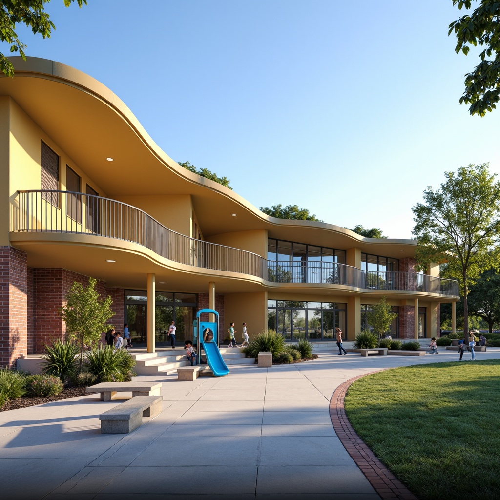 Prompt: Elementary school facade, streamline moderne architecture, curved lines, minimal ornamentation, large windows, glass doors, cantilevered rooflines, horizontal emphasis, earthy color palette, natural stone walls, brick accents, modern metal railings, safety fences, playground equipment, vibrant yellow and blue hues, sunny day, soft warm lighting, shallow depth of field, 3/4 composition, panoramic view, realistic textures, ambient occlusion.