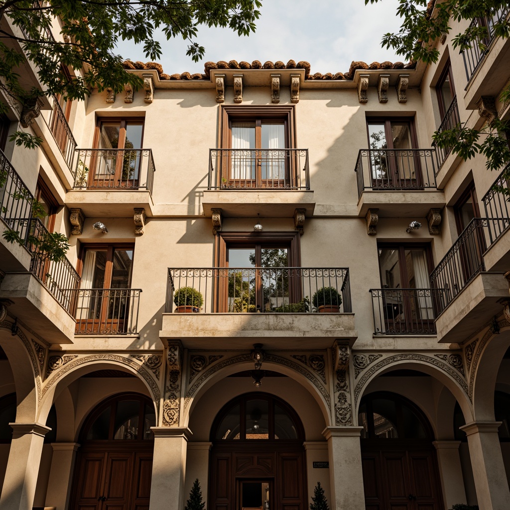 Prompt: Ornate Renaissance-style balcony, intricately carved stone railings, ornamental metalwork, grand arches, lavish decorations, symmetrical facades, rusticated base, Tuscan columns, ornate cornices, curved lines, classical proportions, warm golden lighting, soft focus, shallow depth of field, 1/1 composition, atmospheric perspective, realistic textures, ambient occlusion.