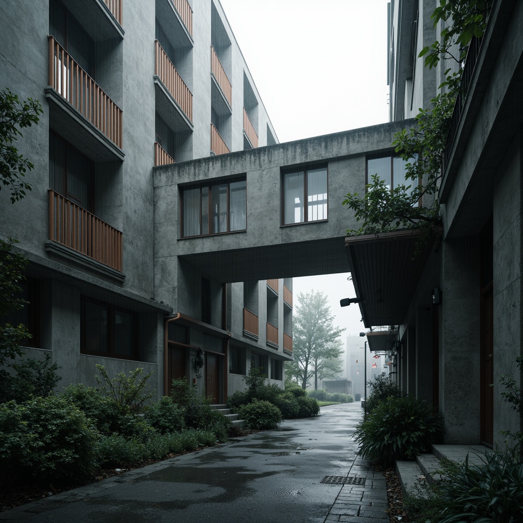 Prompt: Gritty urban landscape, brutalist architecture, raw concrete textures, industrial metal accents, rugged stone walls, bold geometric forms, minimalist ornamentation, dramatic natural light, harsh shadows, moody atmosphere, rainy day, misty fog, atmospheric lighting, shallow depth of field, 2/3 composition, cinematic view, realistic materials, ambient occlusion.