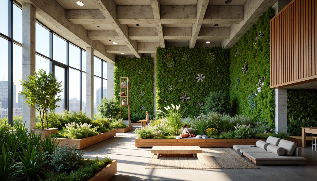 Prompt: Vibrant green walls, living roofs, recycled materials, energy-efficient systems, solar panels, wind turbines, rainwater harvesting, grey water reuse, organic gardens, vertical farming, urban agriculture, eco-friendly fa\u00e7ades, biophilic architecture, natural ventilation, passive design strategies, thermal massing, exposed concrete structures, industrial chic aesthetic, reclaimed wood accents, minimalist interior design, abundant natural light, soft warm ambiance, shallow depth of field, 3/4 composition, panoramic view, realistic textures, ambient occlusion.