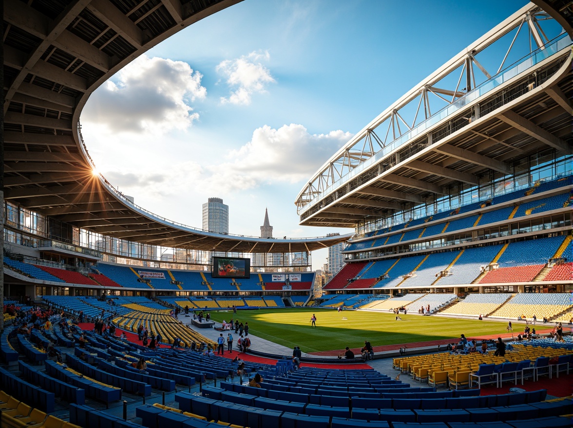 Prompt: Vibrant sports stadium, bold dynamic colors, electric blue seats, bright yellow accents, energetic red lines, sleek modern architecture, curved futuristic design, transparent glass fa\u00e7ade, glowing LED lights, dramatic shading, high-contrast color scheme, dynamic movement, abstract geometric patterns, urban cityscape, sunny day, warm golden lighting, shallow depth of field, 1/1 composition, symmetrical view, realistic textures, ambient occlusion.