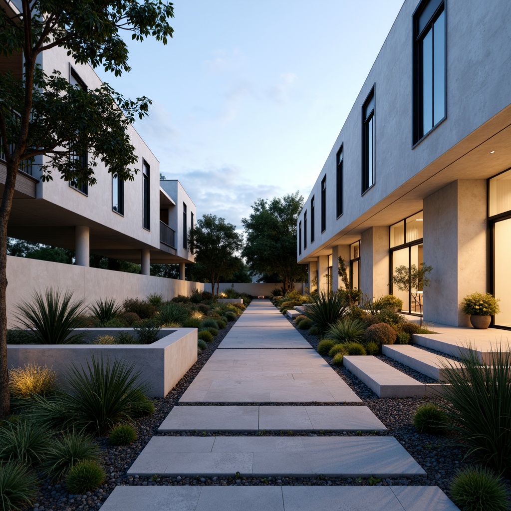 Prompt: Sleek residential area, minimalist landscape design, simple clean lines, limited color palette, natural stone pathways, sparse greenery, modernist architecture, flat roofs, large windows, sliding glass doors, industrial materials, concrete accents, geometric planters, succulent plants, gravel groundcover, subtle outdoor lighting, soft evening glow, 1/1 composition, shallow depth of field, realistic textures, ambient occlusion.