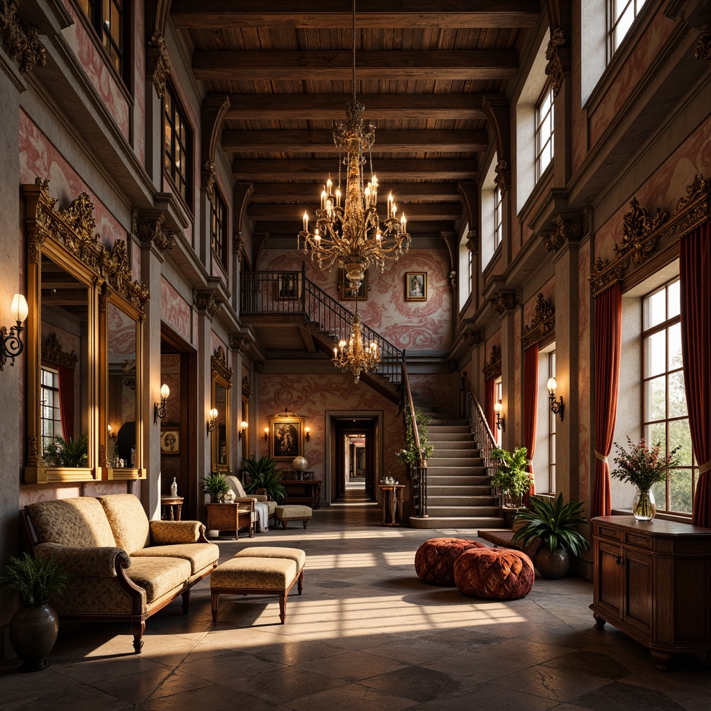 Prompt: Rustic warehouse interior, ornate detailing, Baroque-style architecture, rich wood accents, intricate stone carvings, grandiose chandeliers, lavish furnishings, velvet drapes, gilded frames, ornamental mirrors, elaborate frescoes, dramatic lighting effects, warm golden tones, luxurious textiles, antique furniture pieces, distressed brick walls, high ceilings, grand staircases, majestic archways, soft focus, shallow depth of field, 1/1 composition, cinematic mood.