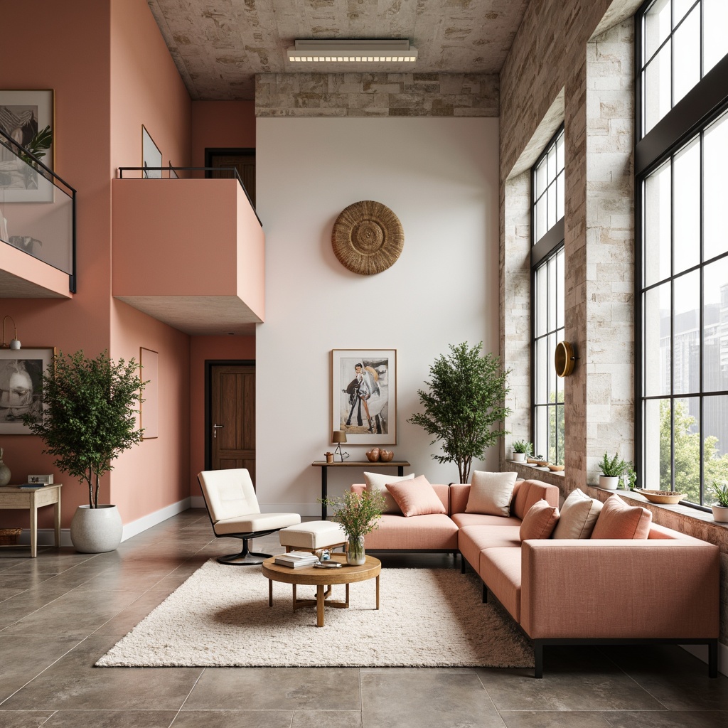 Prompt: Vibrant modern interior, trendy furniture pieces, pastel color scheme, soft peach tones, creamy whites, rich charcoal accents, metallic gold details, natural wood textures, industrial chic decor, urban loft atmosphere, large windows, abundant natural light, shallow depth of field, 1/1 composition, realistic renderings, ambient occlusion.