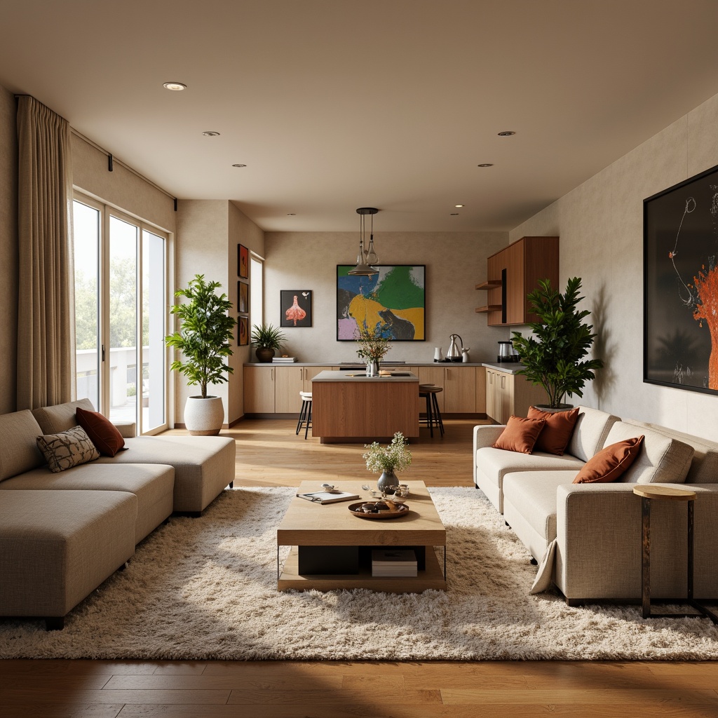 Prompt: Cozy living room, plush carpets, warm beige walls, comfortable sofas, minimalist coffee tables, decorative vases, floor-to-ceiling windows, natural light, soft warm lighting, 3/4 composition, realistic textures, ambient occlusion, modern interior design, functional layouts, open-plan spaces, sleek kitchen islands, high-gloss countertops, pendant lighting fixtures, wooden flooring, industrial-chic accents, vibrant colorful artwork, eclectic decorative pieces.