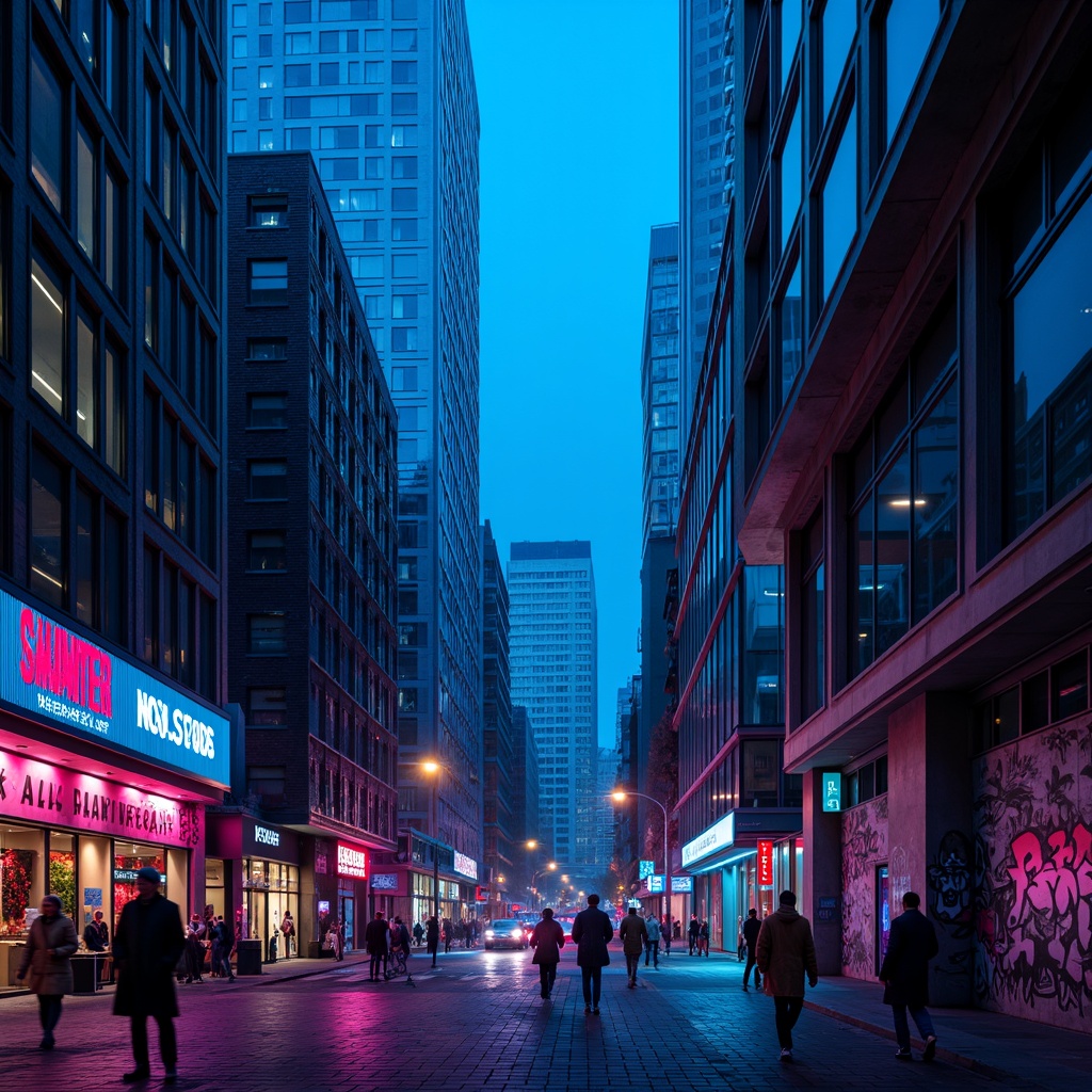 Prompt: Moody urban landscape, blue violet hues, neon lights, sleek skyscrapers, modern architecture, glass facades, steel beams, concrete structures, bustling streets, city life, vibrant nightlife, pedestrian walkways, street lamps, urban furniture, graffiti walls, industrial textures, atmospheric mist, dramatic lighting, low-angle shots, cinematic composition, realistic reflections.