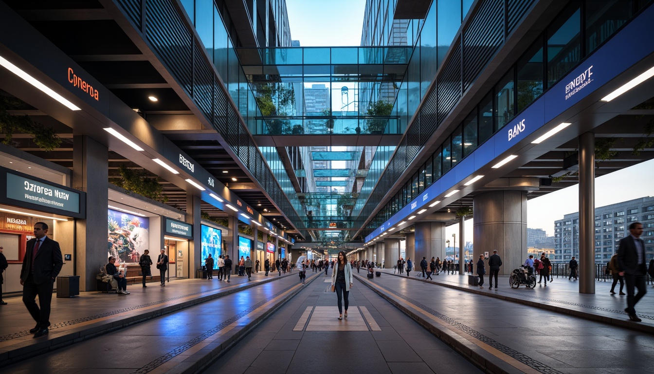 Prompt: Modern metro station, sleek lines, stainless steel columns, glowing LED lights, futuristic ambiance, high ceilings, spacious platforms, vibrant color schemes, dynamic lighting effects, urban cityscape, rush hour activity, natural stone flooring, glass roofs, overhead pedestrian bridges, escalators, advanced signage systems, energy-efficient lighting, soft warm glow, shallow depth of field, 3/4 composition, panoramic view, realistic textures, ambient occlusion.