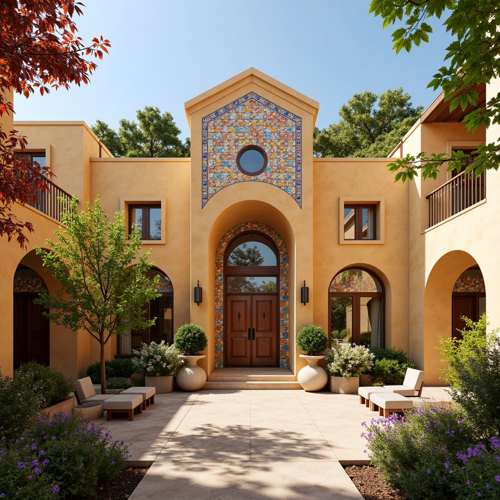 Prompt: Vibrant kindergarten facade, Byzantine-inspired architecture, warm golden stone walls, ornate arches, colorful glazed tiles, intricate mosaics, decorative domes, rounded windows, wooden doors with metal hardware, lush greenery, blooming flowers, sunny day, soft warm lighting, shallow depth of field, 3/4 composition, panoramic view, realistic textures, ambient occlusion.