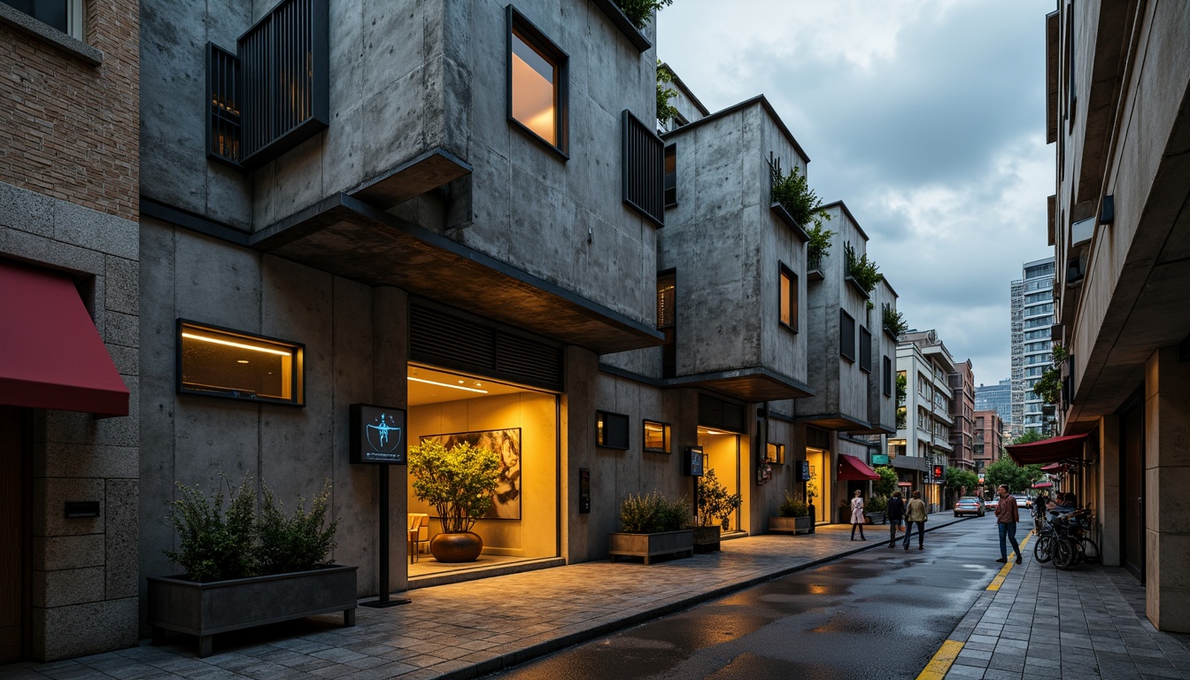 Prompt: Gritty brutalist architecture, rugged concrete textures, industrial metal accents, weathered stone walls, bold geometric shapes, monochromatic color scheme, muted earth tones, deep charcoal grays, warm beige accents, pops of bright primary colors, neon lights, urban cityscape backdrop, cloudy overcast skies, dramatic high-contrast lighting, sharp angular shadows, 1/2 composition, cinematic wide-angle lens, realistic atmospheric effects, ambient occlusion.