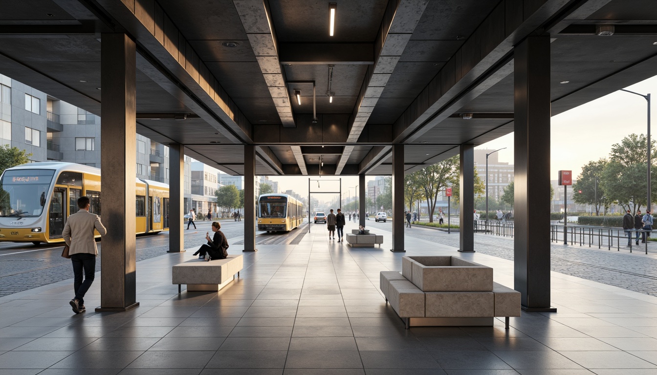 Prompt: Sleek tram station interior, minimalist design, industrial chic aesthetic, exposed ductwork, polished concrete floors, stainless steel columns, simple benches, modern lighting fixtures, subtle color palette, natural stone accents, urban atmosphere, morning rush hour, soft diffused lighting, shallow depth of field, 1/1 composition, realistic textures, ambient occlusion.