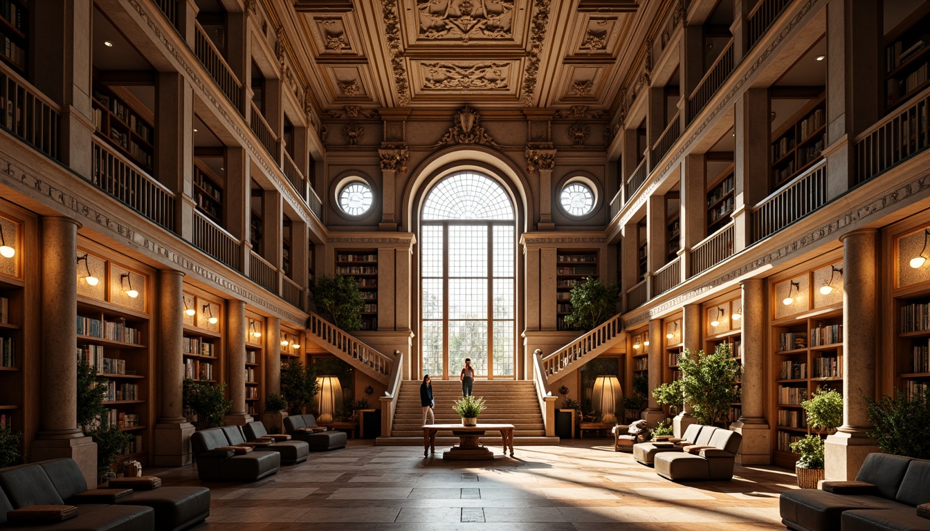 Prompt: Grandiose library, symmetrical fa\u00e7ade, ornate stone carvings, Renaissance-style arches, elegant columns, grand staircases, sweeping balconies, intricate moldings, rich wood paneling, ornamental plasterwork, classical proportions, harmonious balance, majestic high ceilings, warm golden lighting, soft shadows, 1/1 composition, central axis symmetry, realistic textures, ambient occlusion.