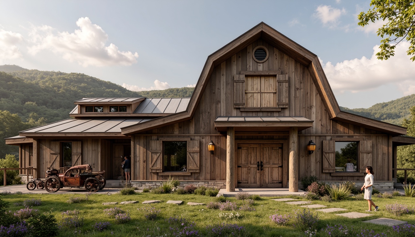 Prompt: Rustic barn-inspired facade, wooden cladding, corrugated metal roofs, vintage farm equipment, rural landscape, rolling hills, wildflower meadows, natural stone foundations, earthy color palette, distressed wood accents, pitched rooflines, ornate metal door handles, wooden shutters, country-style signage, soft warm lighting, shallow depth of field, 1/1 composition, realistic textures, ambient occlusion.