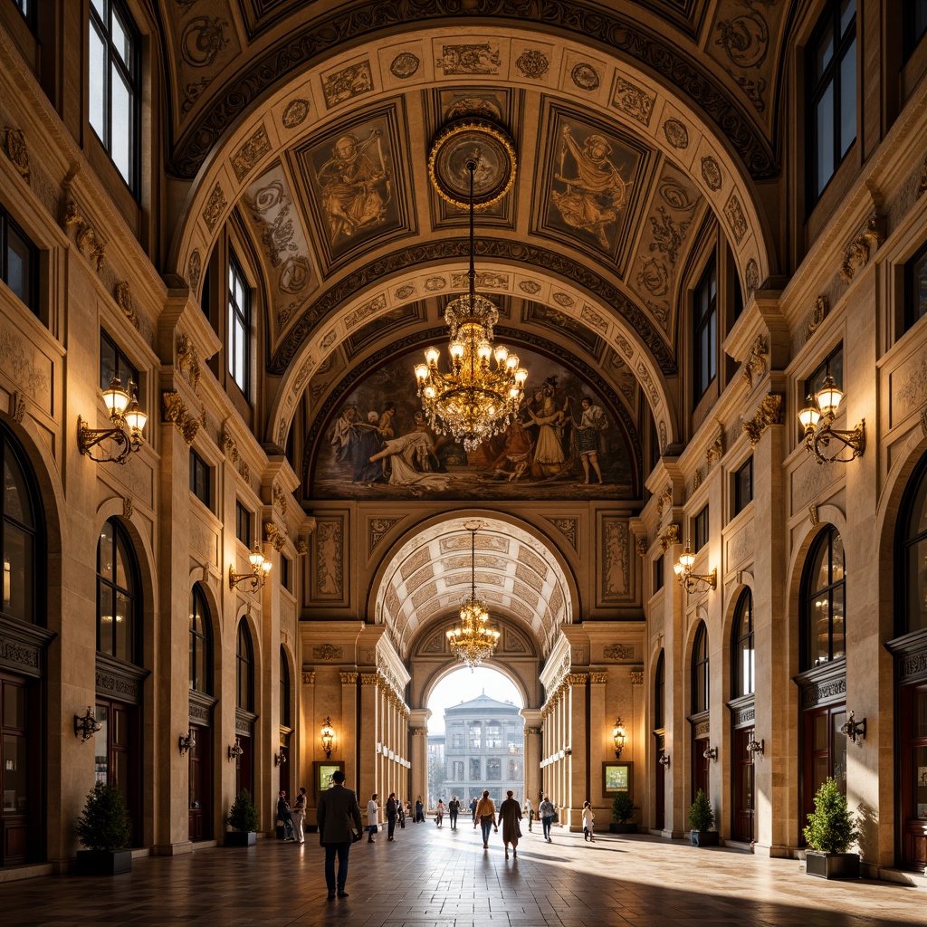 Prompt: Grand metro station entrance, ornate Renaissance facades, intricately carved stonework, majestic archways, ornamental clock towers, rusticated columns, grandiose chandeliers, lavish marble floors, intricate mosaics, vaulted ceilings, symmetrical composition, warm golden lighting, shallow depth of field, 1/2 composition, dramatic shadows, realistic textures, ambient occlusion.