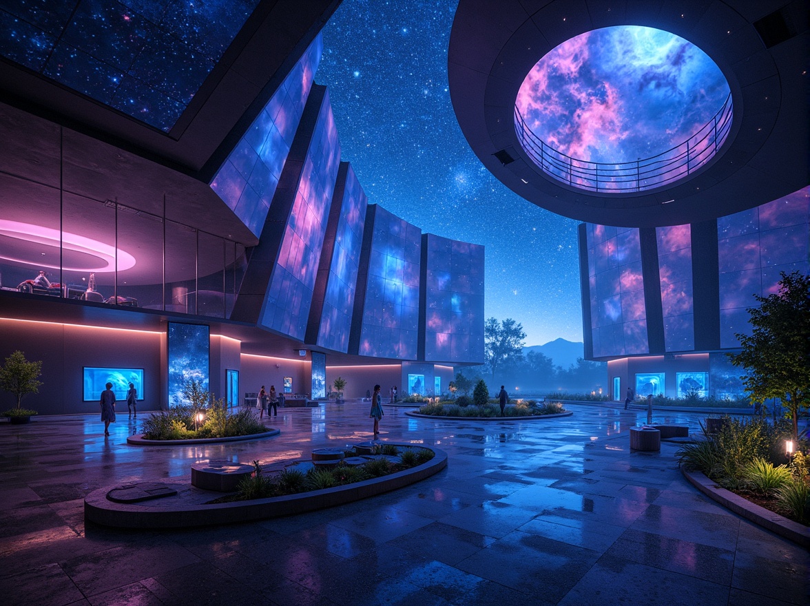 Prompt: Cosmic planetarium, nebula-inspired colors, deep blues, purples, and indigos, starry night sky, celestial bodies, glowing nebulas, iridescent hues, shimmering metallic surfaces, futuristic architecture, curved lines, spherical structures, geometric patterns, LED lighting, holographic displays, space-age materials, gleaming glass, reflective steel, atmospheric mist, ambient glow, soft focus, shallow depth of field, 1/1 composition, panoramic view, realistic textures, ambient occlusion.