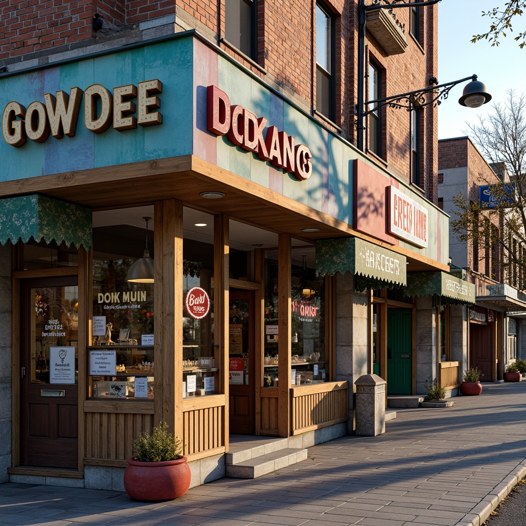 Prompt: Colorful local grocery store facade, eclectic signage, vintage advertisements, wooden storefronts, ornate metal awnings, rustic brick walls, distressed finishes, nostalgic streetlights, lively urban streetscape, morning sunlight, soft warm lighting, shallow depth of field, 1/1 composition, realistic textures, ambient occlusion, authentic regional character, folk-inspired decorations, vibrant commercial signage, decorative tile work, earthy color palette.