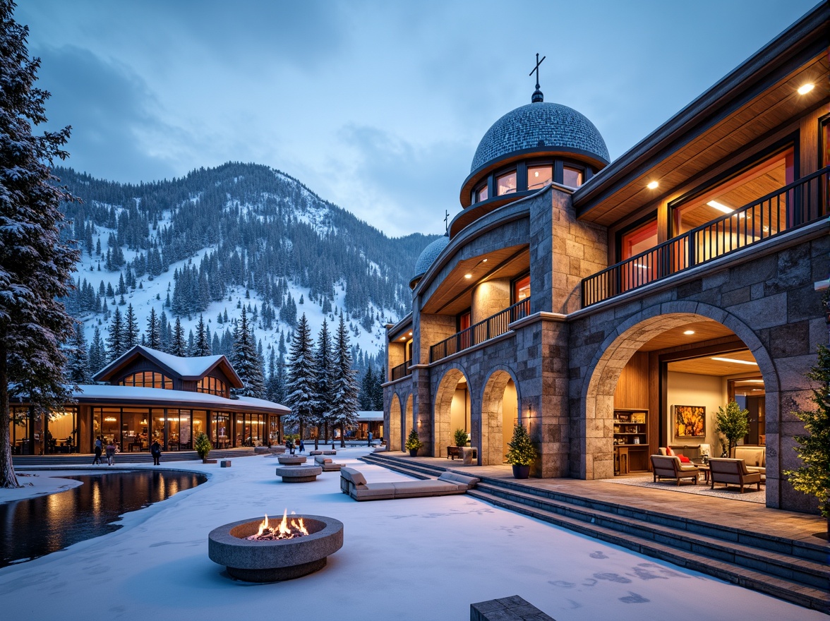 Prompt: Snow-capped mountains, ski slopes, Byzantine-style ski center, grand domes, ornate arches, intricate mosaics, golden accents, rustic stone walls, wooden beams, pitched roofs, snow-covered pine trees, frozen lakes, frosty mornings, warm cozy interiors, rustic fireplaces, wooden furniture, vibrant tapestries, rich textiles, dramatic lighting, 1/2 composition, atmospheric perspective, realistic snowflakes, ambient occlusion.