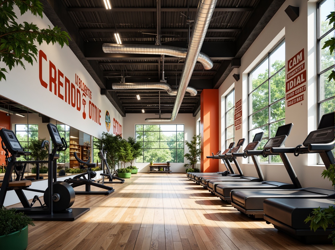 Prompt: Vibrant fitness club interior, high ceilings, large windows, natural light pouring in, sleek wooden floors, modern exercise equipment, free weights, treadmills, mirrors, motivational quotes, green plants, fresh air ventilation systems, bright color schemes, energetic atmosphere, 1/2 composition, warm softbox lighting, subtle shadows, realistic reflections.