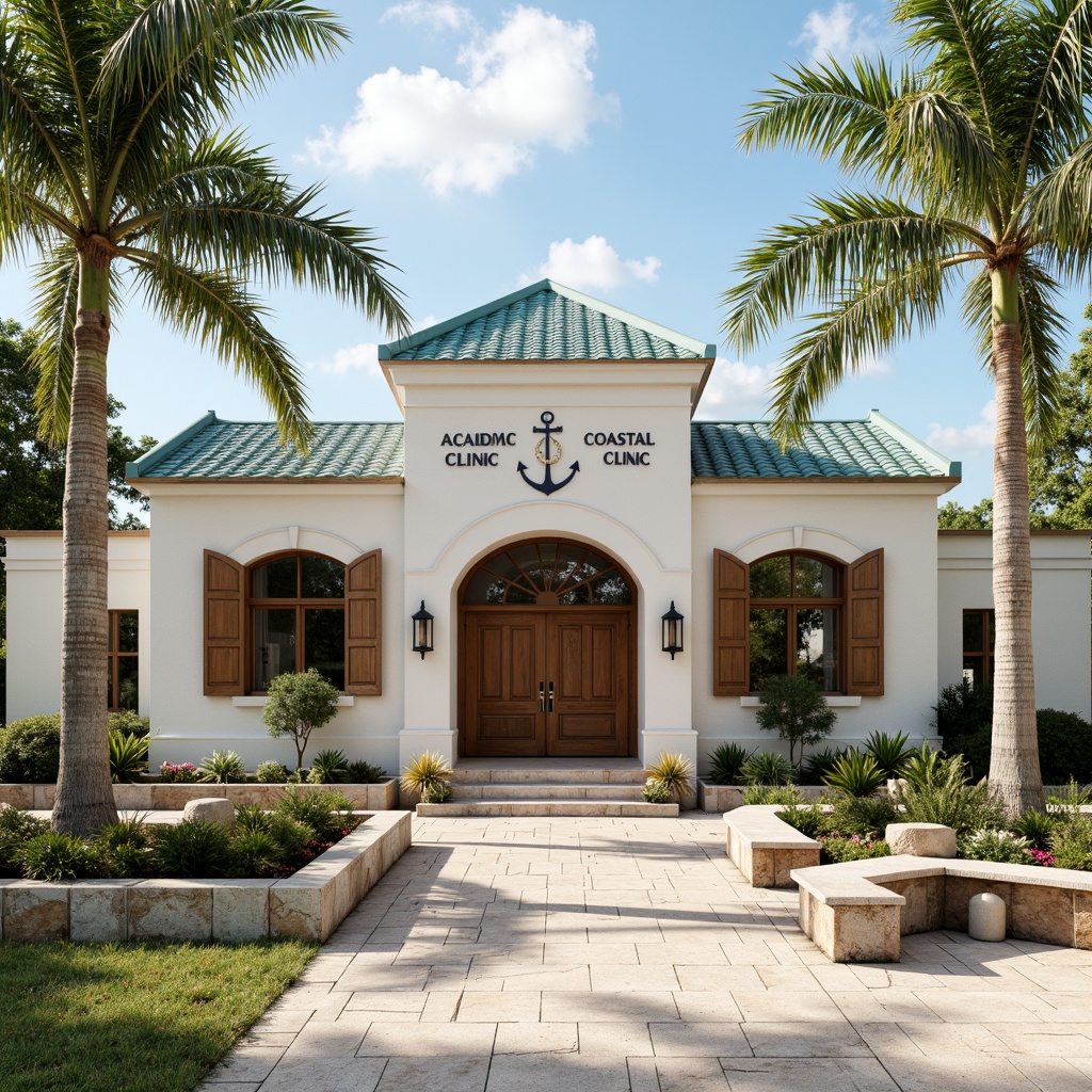 Prompt: Coastal clinic facade, academic architectural style, white stucco walls, blue-green roof tiles, ornate wooden doors, large windows with shutters, nautical-themed decor, anchor symbols, rope motifs, ocean-inspired color palette, sandy beige tones, weathered wood accents, natural stone foundation, lush greenery, palm trees, coastal vegetation, sunny day, soft warm lighting, shallow depth of field, 3/4 composition, realistic textures, ambient occlusion.