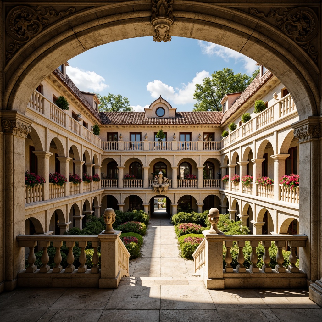 Prompt: Elegant Renaissance-style palace, ornate stone balustrades, intricately carved railings, grand arched openings, majestic columns, ornamental sculptures, lavish ironwork, vibrant flower boxes, lush greenery, soft warm lighting, shallow depth of field, 3/4 composition, panoramic view, realistic textures, ambient occlusion.