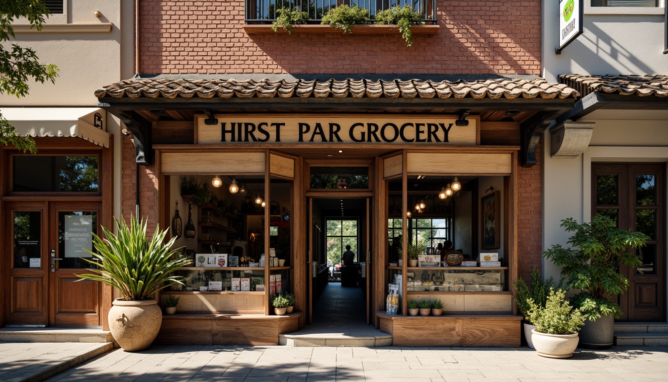 Prompt: Rustic grocery store facade, earthy tones, wooden accents, vintage signage, distressed brick walls, ornate metal awnings, eclectic storefront displays, bustling street scene, warm afternoon light, shallow depth of field, 1/2 composition, realistic textures, ambient occlusion, traditional roofing tiles, decorative trims, local craftsmanship, community-oriented design, inviting entranceways, lively urban atmosphere.