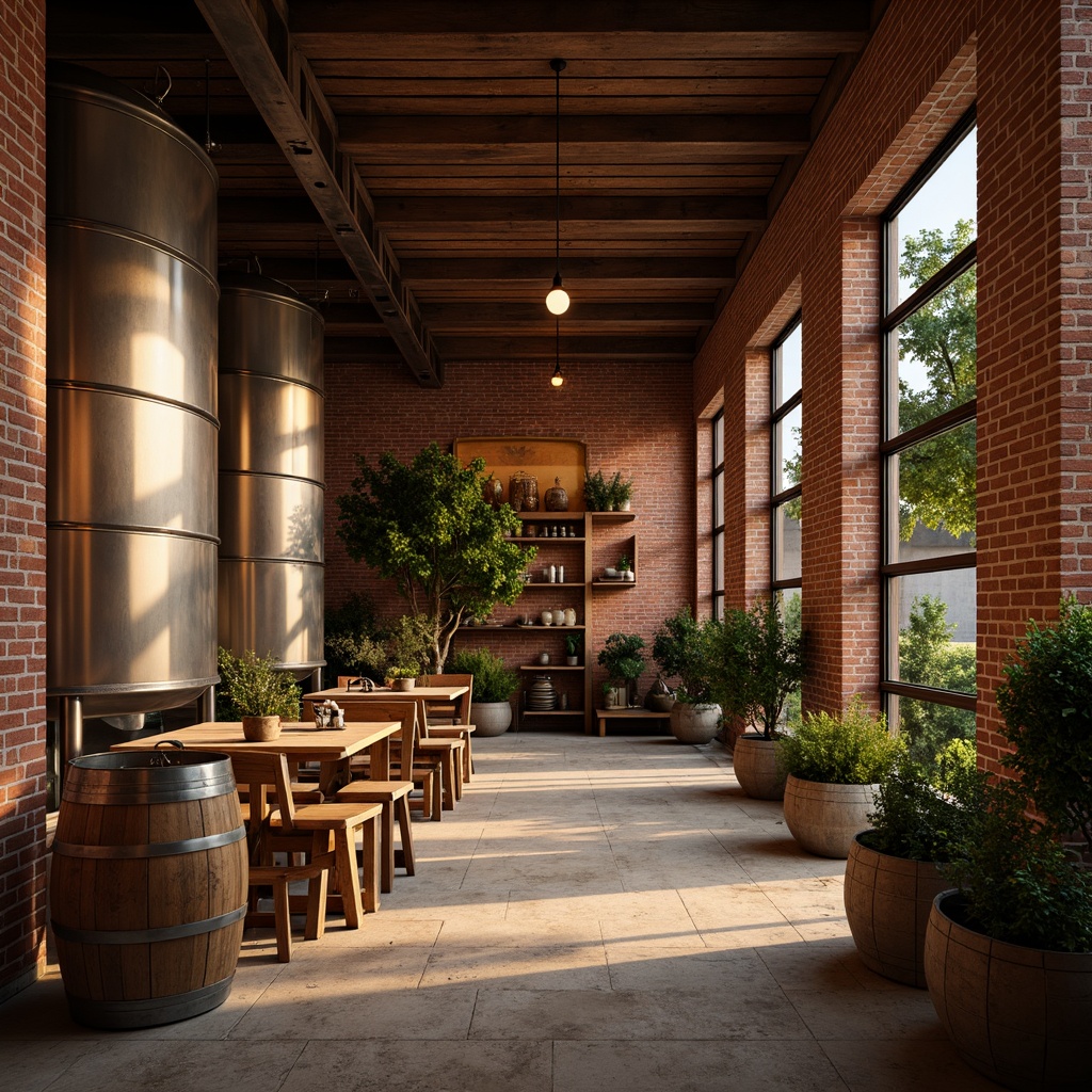 Prompt: Urban winery, exposed brick walls, reclaimed wood accents, metallic fermentation tanks, modern industrial chic, rich burgundy reds, deep plum purples, earthy terracotta tones, soft golden lighting, warm beige neutrals, lush greenery, potted plants, wooden wine barrels, rustic stone floors, open ceiling beams, minimalist decor, natural textures, warm atmospheric ambiance, low-key backlighting, shallow depth of field, 2/3 composition, realistic materials, ambient occlusion.