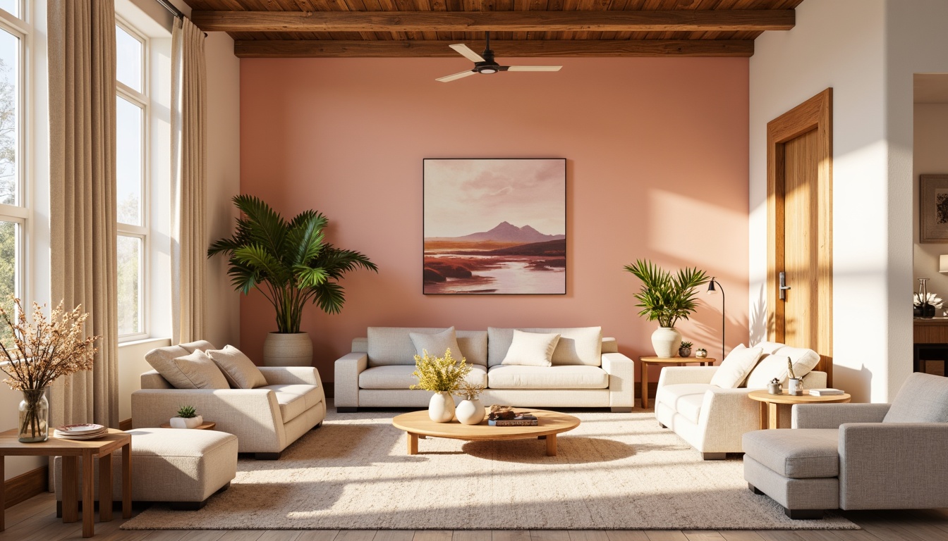 Prompt: Vibrant modern interior, pastel hues, soft peach tones, creamy whites, rich wood accents, natural textiles, plush furnishings, statement artwork, elegant lighting fixtures, spacious open layout, 1/1 composition, warm golden lighting, subtle shadows, ambient atmosphere.