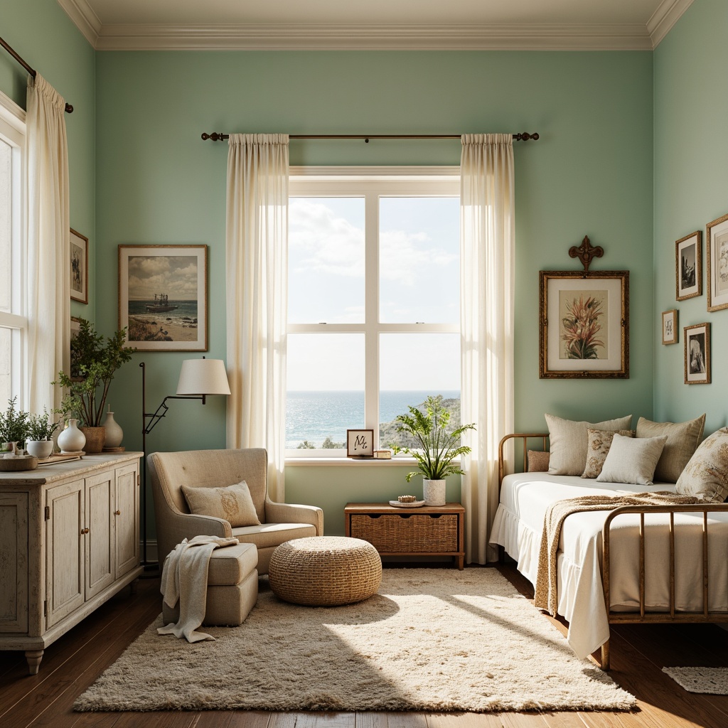 Prompt: Whimsical coastal dorm room, soft pastel hues, calming seafoam green, creamy whites, warm beige tones, distressed wood accents, vintage nautical decor, billowy curtains, plush area rugs, ornate metal frames, rustic wooden furniture, delicate seashell patterns, dreamy ocean views, warm golden lighting, shallow depth of field, 1/1 composition, romantic soft focus.