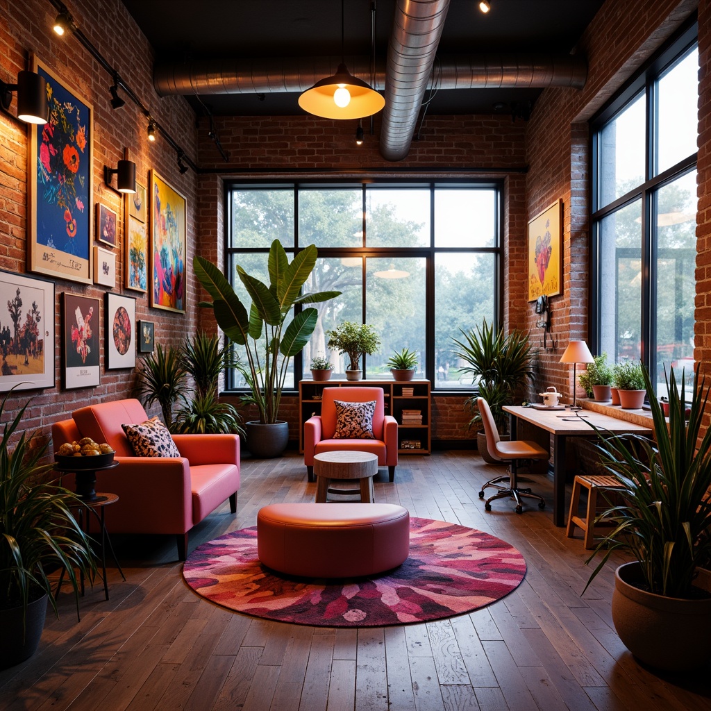 Prompt: Vibrant modern art studio, eclectic artistic vibe, bold contrasting colors, pastel accents, metallic finishes, neon lights, urban loft setting, industrial chic decor, reclaimed wood floors, exposed brick walls, floor-to-ceiling windows, natural light pouring in, warm cozy atmosphere, moody shadows, dramatic color blocking, 2/3 composition, shallow depth of field, soft focus effect.