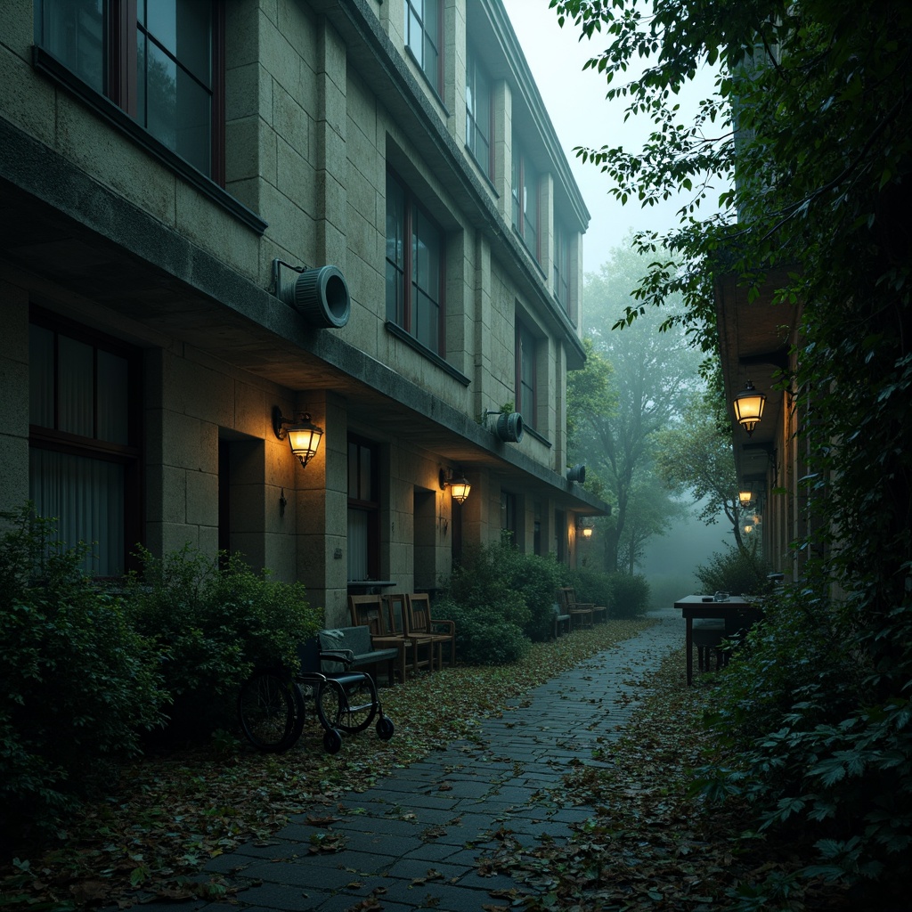 Prompt: \Ominous rehabilitation center, Gothic architecture, crumbling stone walls, overgrown ivy, mysterious foggy atmosphere, dimly lit lanterns, winding cobblestone paths, eerie silence, abandoned wheelchairs, rusty medical equipment, neglected gardens, twisted tree branches, dark mysterious forest, misty morning, soft focus, shallow depth of field, 1/1 composition, cinematic lighting, haunting ambient sounds.\