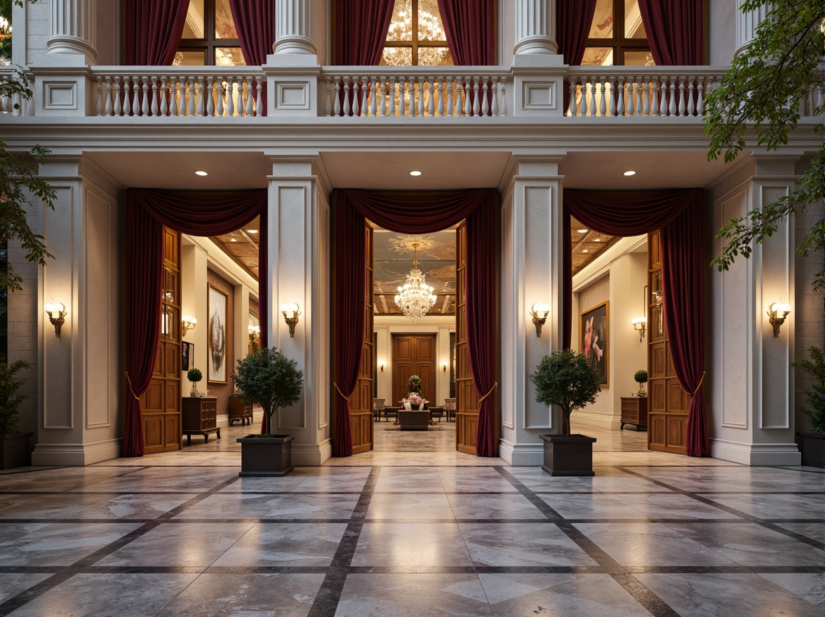 Prompt: Elegant neoclassical facade, marble columns, ornate balustrades, intricately carved wooden doors, grand entrance halls, high ceilings, crystal chandeliers, luxurious velvet drapes, gilded frames, frescoed ceilings, polished granite floors, richly textured wallpapers, subtle color palette, soft warm lighting, 1/2 composition, symmetrical arrangement, ornate moldings, realistic reflections.