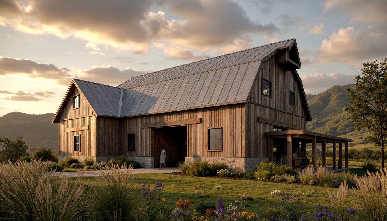 Prompt: Rustic barn architecture, reclaimed wood textures, corrugated metal roofing, asymmetrical gable roofs, modern farmhouse inspiration, rolling hills landscape, vast open countryside, dramatic cloudy skies, warm golden lighting, shallow depth of field, 1/2 composition, atmospheric perspective, realistic weathering effects, earthy color palette, natural stone foundation, wooden beam accents, vintage metal decorations, lush greenery surroundings, wildflower fields, serene rural ambiance.