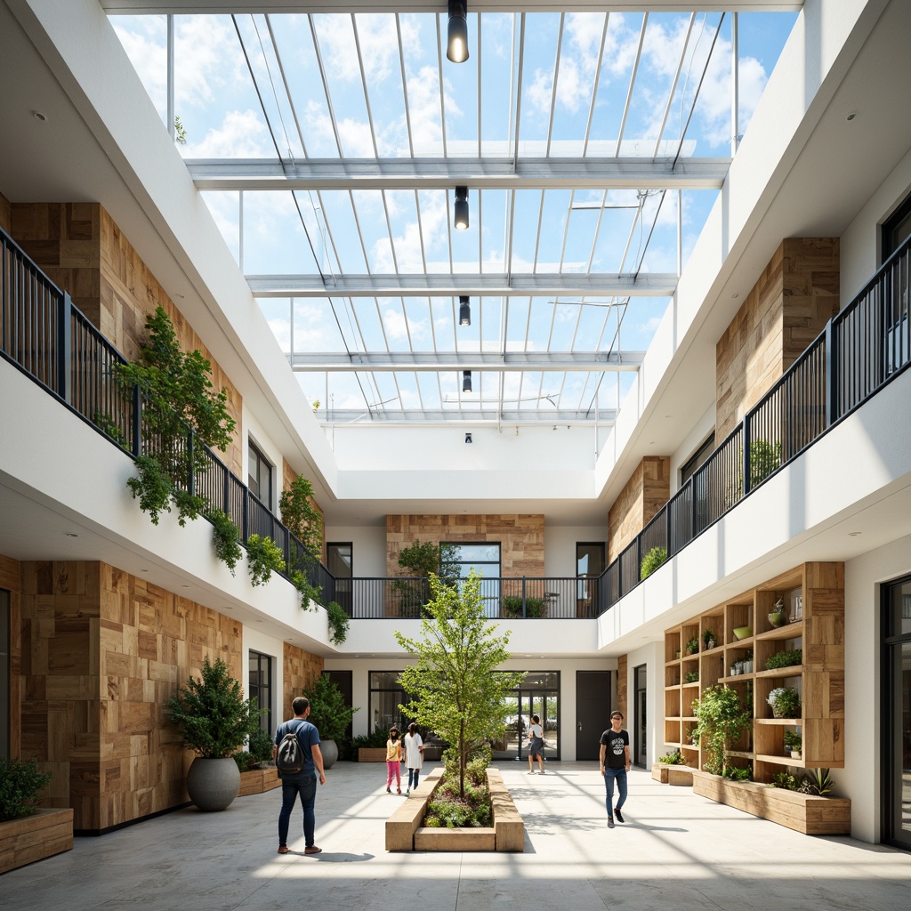 Prompt: Vibrant youth center, open atrium, spacious interior, clerestory windows, skylights, transparent roofing, minimalist decor, polished concrete floors, white walls, wooden accents, greenery installations, living walls, vertical gardens, natural ventilation systems, solar tubes, tubular daylighting devices, soft diffused lighting, 1/1 composition, symmetrical architecture, modern fa\u00e7ade, bright color schemes, energetic atmosphere, sunny day, shallow depth of field, realistic textures.