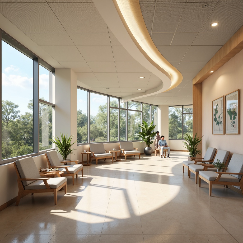 Prompt: Calming hospital interior, soft pastel colors, natural wood accents, comfortable patient chairs, gentle curved lines, minimal medical equipment visibility, soothing artwork, warm indirect lighting, acoustic ceiling panels, sound-absorbing materials, spacious waiting areas, private consultation rooms, ergonomic furniture, wheelchair accessibility, calming nature views, abundant greenery, air purification systems, noise reduction technologies, 1/1 composition, shallow depth of field, realistic textures.