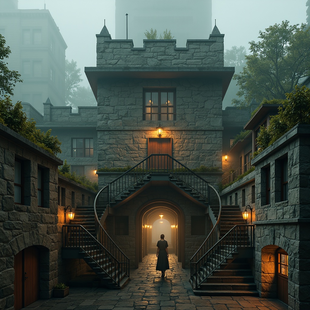 Prompt: Towering watchpoint, rugged stone walls, medieval-inspired fortification, elevated vantage point, winding staircases, ornate ironwork, Gothic arches, grandiose entrance gates, moss-covered roofs, mysterious lanterns, foggy misty atmosphere, warm golden lighting, dramatic shadows, 1/1 composition, symmetrical framing, atmospheric perspective, cinematic mood, intricate textures, subtle ambient occlusion.