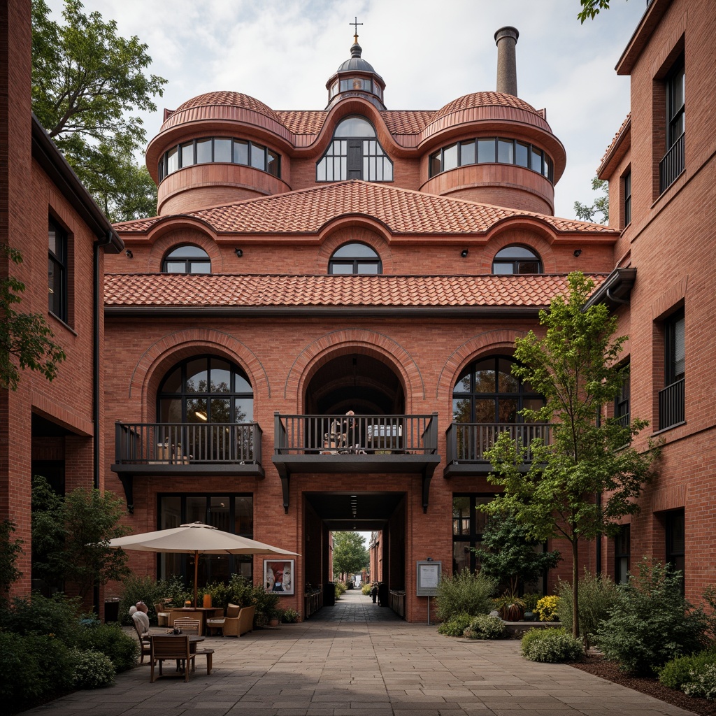 Prompt: Rustic factory building, Romanesque-inspired roof design, curved arches, ornate stonework, terracotta tiles, vibrant red brick, industrial chimneys, metal rivets, distressed wooden beams, vintage machinery, exposed ductwork, natural stone walls, earthy color palette, soft warm lighting, shallow depth of field, 1/1 composition, realistic textures, ambient occlusion.