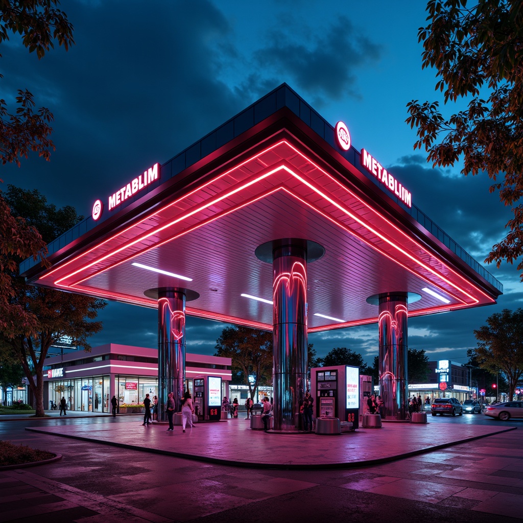 Prompt: Vibrant gas station, futuristic metabolism style, neon-lit canopy, steel beams, industrial pipes, metallic accents, glossy finishes, dynamic LED lights, angular shapes, bold typography, urban landscape, busy streets, eclectic architecture, abstract patterns, high-contrast colors, dramatic shadows, 1/2 composition, low-angle shot, cinematic lighting, detailed textures, atmospheric fog.