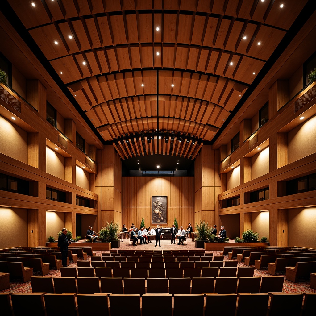 Prompt: Elegant concert house interior, premium soundproofing materials, wooden acoustic panels, resonant cavity design, precision-cut diffusers, optimal speaker placement, curved lines, warm ambient lighting, rich wood tones, comfortable seating areas, intricate soundwave patterns, high-fidelity audio equipment, professional-grade microphones, state-of-the-art mixing consoles, immersive 3D audio experience, cinematic atmosphere, shallow depth of field, 1/1 composition, realistic textures, subtle gradients.