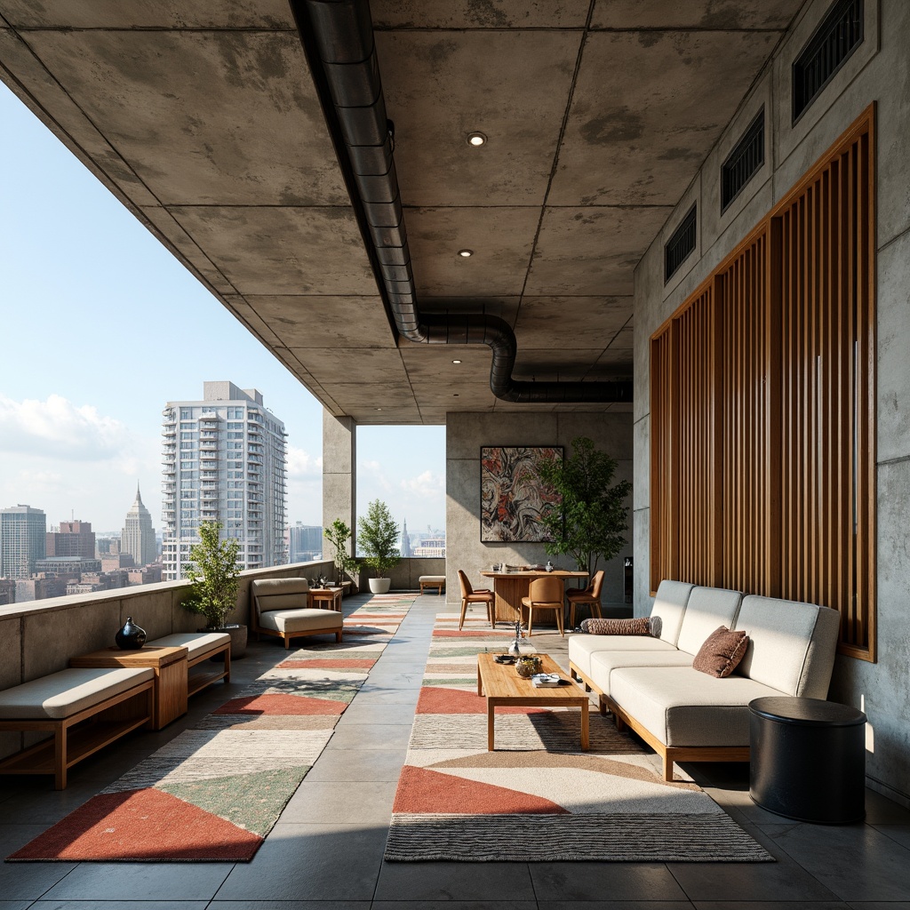 Prompt: Brutalist hotel facade, raw concrete textures, exposed ductwork, industrial metal accents, reclaimed wood features, minimalist decor, geometric patterned rugs, bold color blocking, urban cityscape views, modernist architectural lines, cantilevered balconies, floor-to-ceiling windows, natural light pouring in, 1/1 composition, high contrast lighting, realistic material reflections, ambient occlusion.